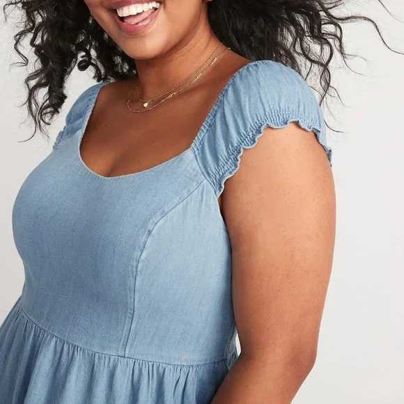 Old Navy Fit & Flare Puff-Sleeve Smocked Jean Mini Dress for Women New - Picture 4 of 5